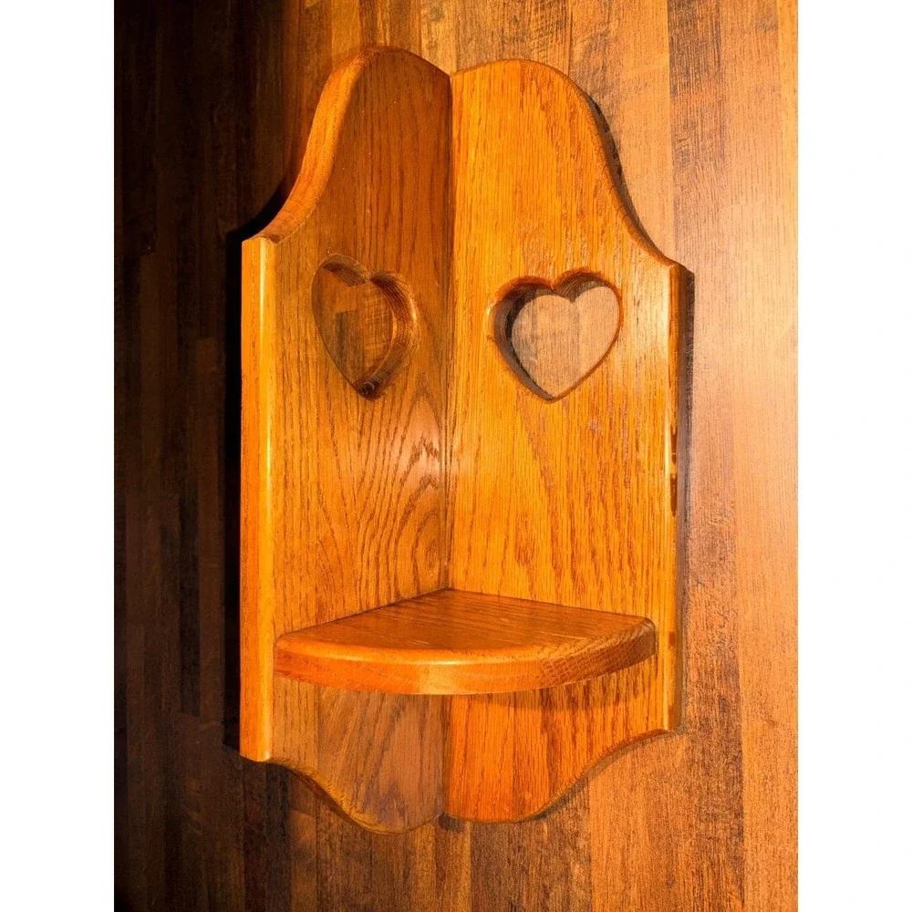 Vintage Oak Wood Corner Shelf Heart Cutouts Rustic Country Farmhouse Wall Decor